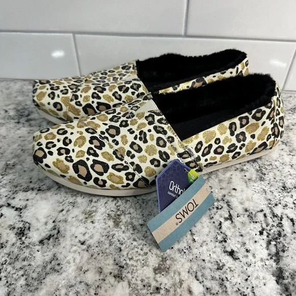 TOM'S ALPARGATA NATURAL GLITTER CHEETAH FAUX FUR LINED SLIP ON SHOES SIZE 10 - Picture 1 of 4